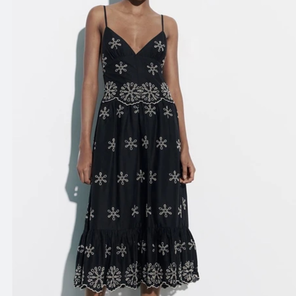 Zara Black Embroidered Backless Summer Midi Dress